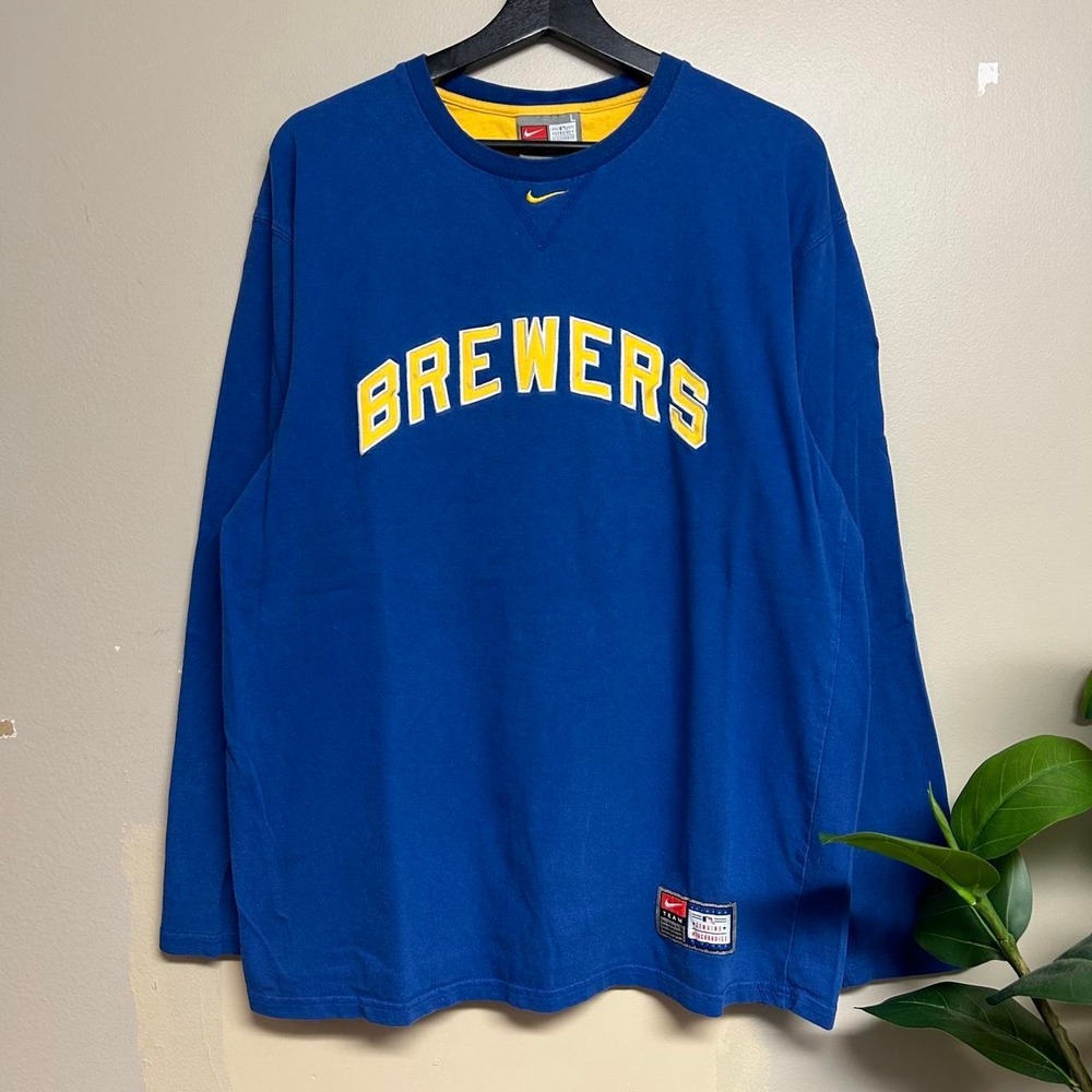 Nike Milwaukee Brewers Center Swoosh Vintage 2000s Long Sleeve Shirt Mens L Blue